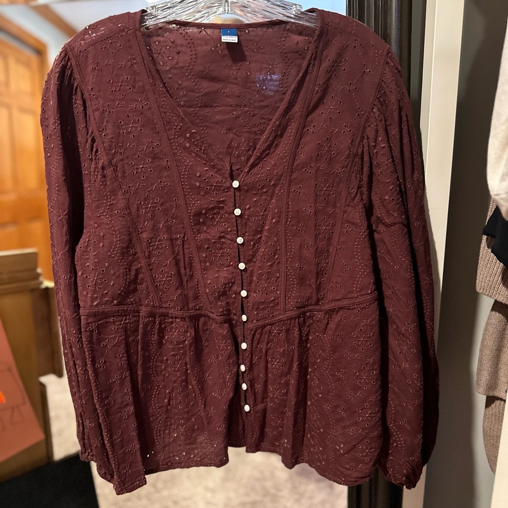 Old Navy Red Puff Sleeve Blouse with Peplum Style